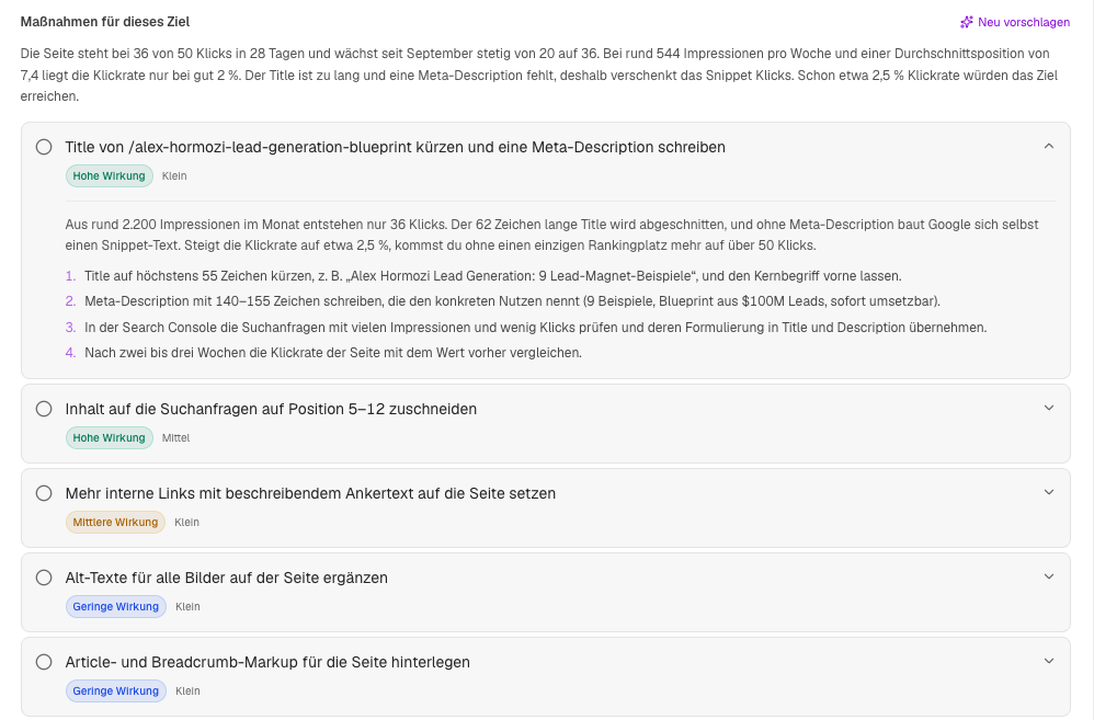Maßnahmen für das Ziel: eine Einschätzung mit Zahlen zu Impressionen und Klickrate, darunter fünf Vorschläge nach Wirkung sortiert, der erste aufgeklappt mit Begründung und vier Handgriffen
