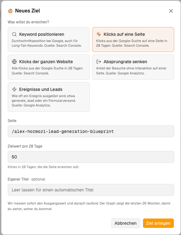 Der Dialog „Neues Ziel“ mit den fünf Zieltypen; ausgewählt ist „Klicks auf eine Seite“ mit dem Pfad /alex-hormozi-lead-generation-blueprint und dem Zielwert 50